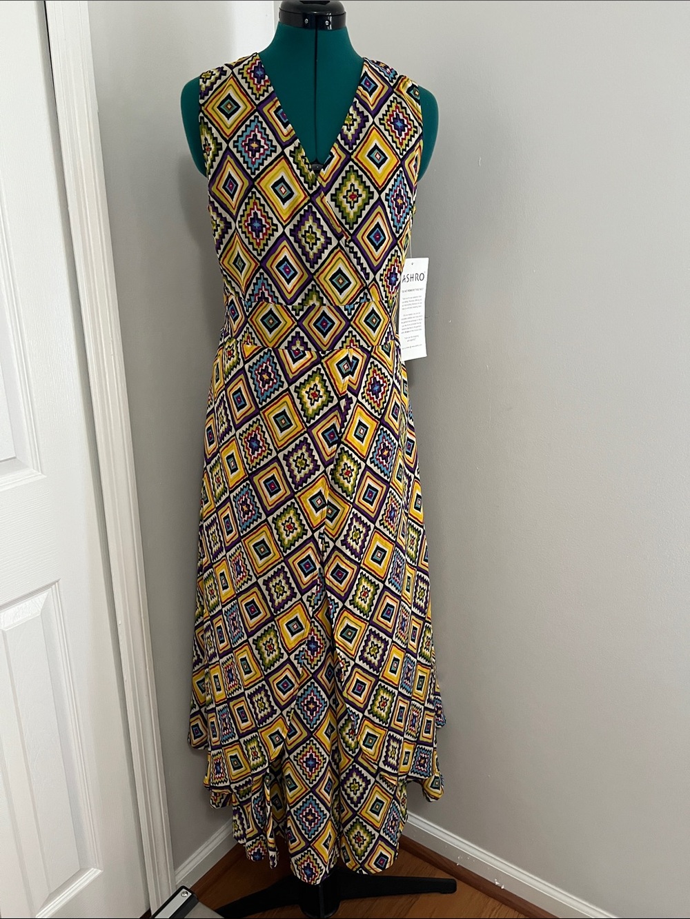 Ashro Multicolor Geometric V-Neck Maxi Dress in Yellow and Blue